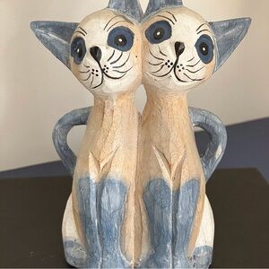Vintage Hand Carved Wooden Siamese Cats hand painted blue and white